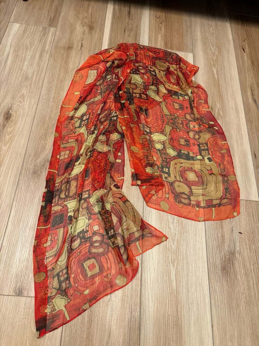 Gustav Klimt Abstract Silk Scarf Red Gold Black Cream